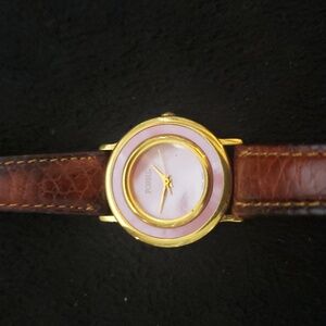 Pink and Gold Fossil Watch with Brown Leather Strap